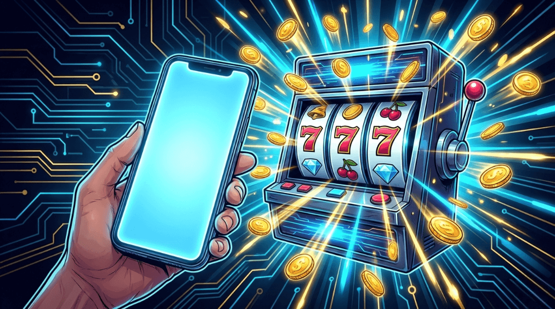 Smartphone menampilkan link alternatif 12hoki dengan latar belakang mesin slot yang sedang jackpot.