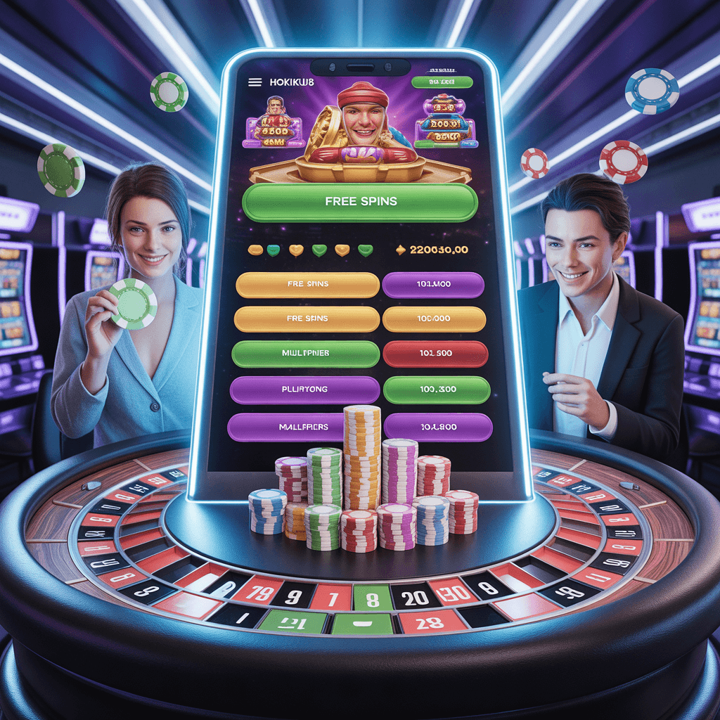 Bonus dan promo game terbaru di Hokiku88, menampilkan free spins, chip tambahan, multipliers, jackpot, dan pemain menikmati pengalaman bermain HD