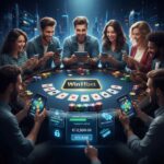 Ilustrasi realistis pemain poker online di Win11bet melakukan withdraw cepat, meja interaktif dengan kartu, chip, dan UI modern