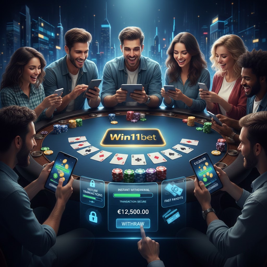 Ilustrasi realistis pemain poker online di Win11bet melakukan withdraw cepat, meja interaktif dengan kartu, chip, dan UI modern