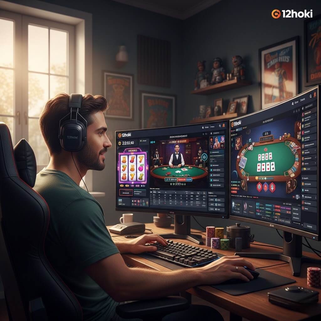 Pemain bermain berbagai game online di 12hoki, termasuk slot, livecasino, dan poker, suasana realistis dan profesional
