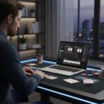 Pemain poker online di Hokijoss sedang fokus menganalisis kartu dan strategi taruhan menggunakan laptop dengan chip poker dan kartu di meja digital, suasana profesional dan realistis